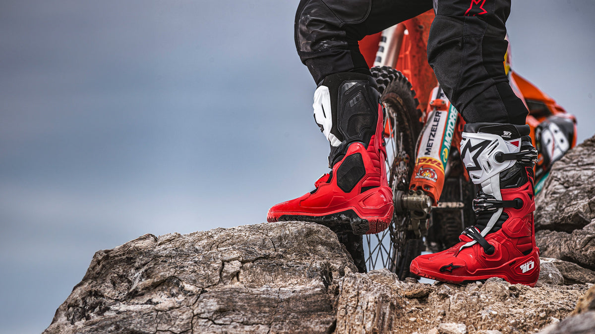 Alpinestars Tech 10 Enduro Boots, Red and White off-road racing boots, performance protection for enduro and motocross.