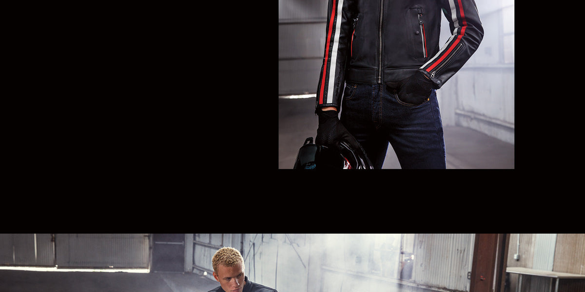 Alpinestars Dyno Leather Jacket, men's heritage urban motorcycle jacket in black with ruby red and ecru sleeve stripes.