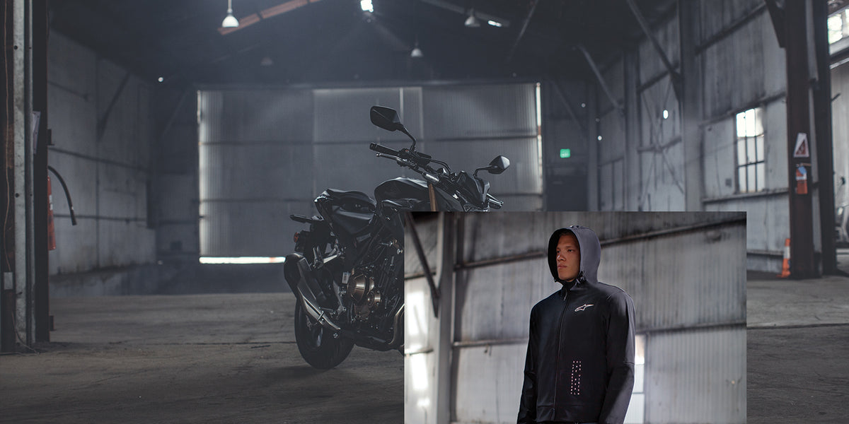 Alpinestars Radium Tech Hoodie, black windproof urban motorcycle jacket for men, casual textile style with protective armor.