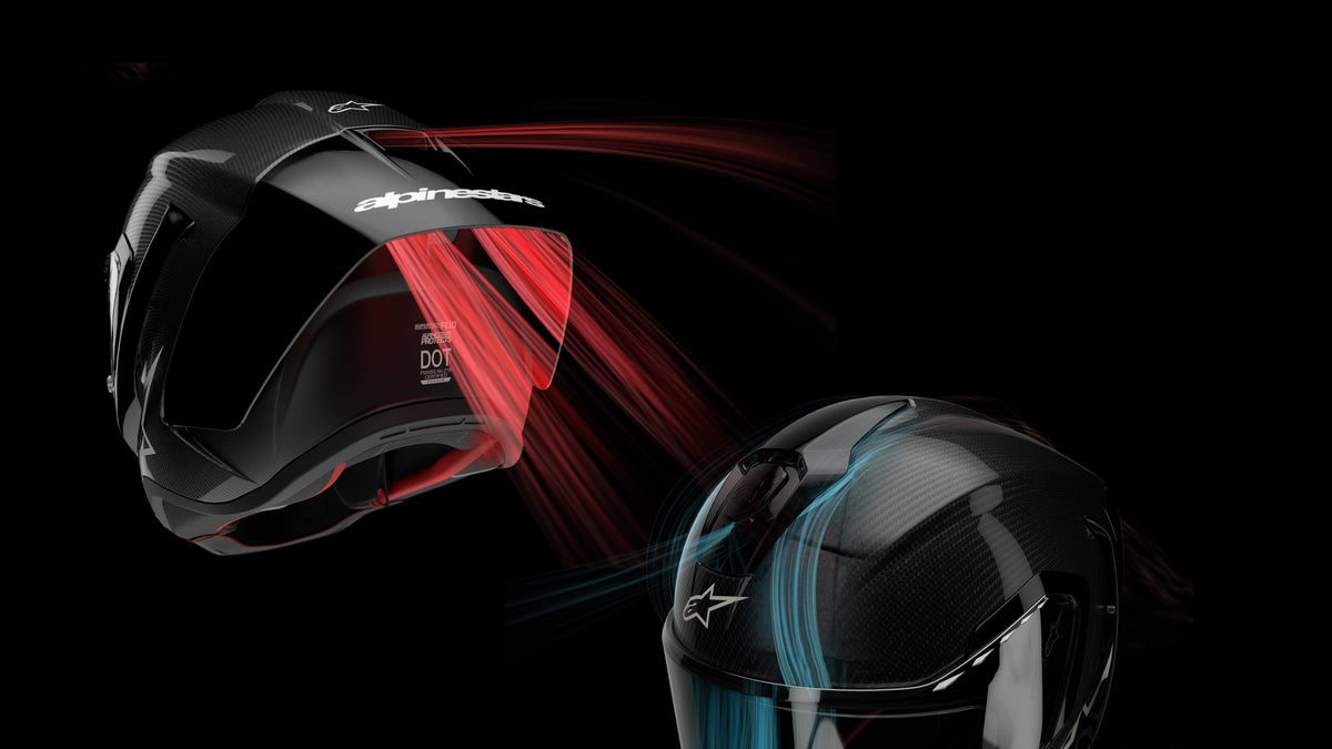 Alpinestars Supertech R10 Helmet, Carbon Fiber Motorcycle Racing Helmet, Black with Red and Blue Airflow Details, DOT Certified.