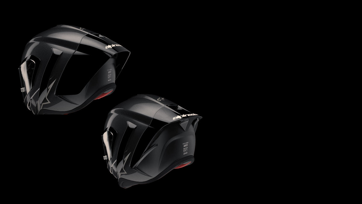 Alpinestars Supertech R10 Helmet, carbon fiber motorcycle racing helmet in black, DOT certified, aerodynamic design.